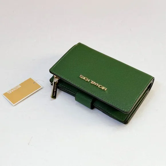 Michael Kors Jet Set Travel Medium Bifold Coin Zipper Wallet Fern Green - Picture 4 of 11